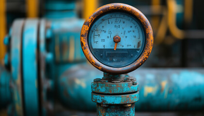 old rusty metal pipes and valves. closeup of an old industrial gauge