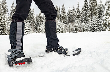 Snowshoes close-up, winter hiking in the mountains.
