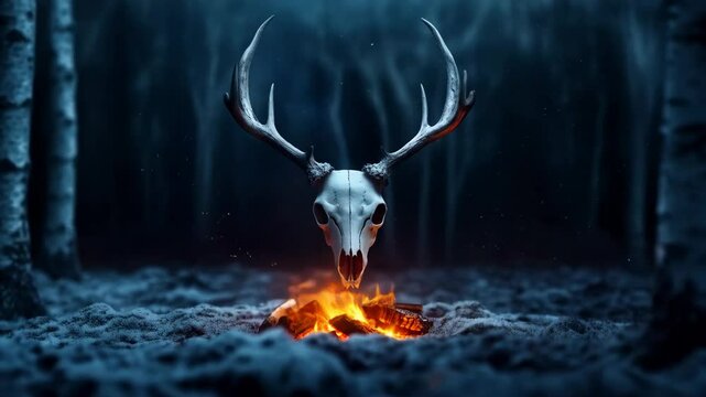 Elk skull with horns hovers over bonfire in snow in winter forest. Winter solstice holiday. Yule, Imbolc, Samhain. Wiccan pagan religion. Magic or esoteric dark ritual. Psychedelic ethnic element