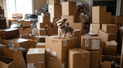 Small Dog Amidst Numerous Cardboard Boxes In A Room