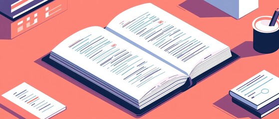 An open book on a desk with notes and stationery, symbolizing study or research.