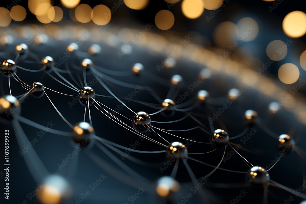 Poster abstract network of metallic spheres and lines.