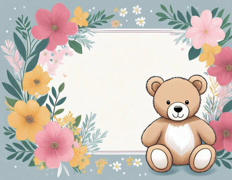 A cute cartoon teddy bear sits among colorful flowers and leaves in a whimsical pastel themed illustration. welcome baby girl or girl concept - Powered by Adobe