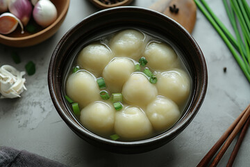 Mongolian Bansh Dumplings in Clear Broth with Fresh Spring Onions