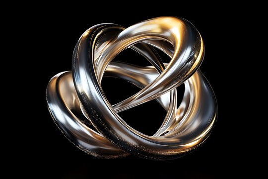 Abstract silver metallic intertwined rings on black background.