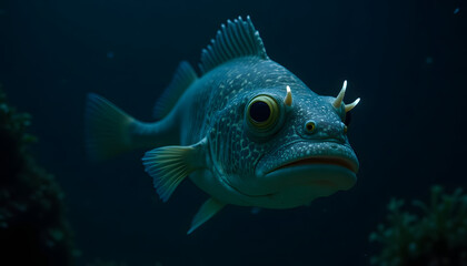 Close-up of bioluminescent anglerfish swimming in dark ocean, glowing lures, soft blue-green ambiance, detailed textures
