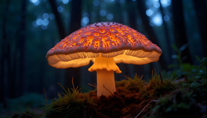 Fototapeta premium Close-up of bioluminescent mushroom radiating glow, intricate texture and patterns, soft warm lighting, mystical forest ambiance 