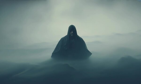 Morpheus cloaked in dark gray mist, standing in a shadowy dreamworld where everything fades into soft, neutral tones
