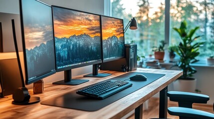 Fototapeta premium Modern minimalist home office setup with triple monitor workstation, wooden desk, keyboard, mouse, and plants.