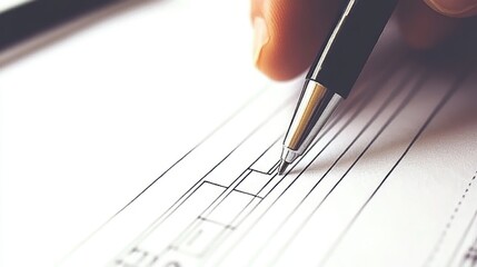 A hand holds a pen, drawing lines on a blank sheet of paper, suggesting design or planning.