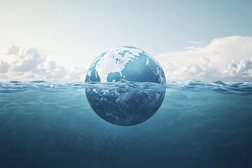 Naklejka premium Stunning Visual of Earth Partially Submerged in Serene Ocean Waters Under a Clear Sky, Capturing the Beauty of Our Planet and Climate Challenges