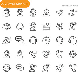 Customer Support Icons Help, Service, Assistance, Call Center, Hotline, Headset, Chat, Communication