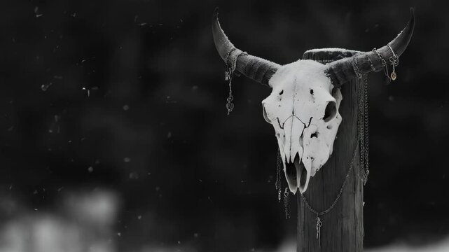 Elk or deer skull with horns hanging on a pole. Sacred pagan totem. Psychedelic scary ethnic element or hunting trophy. Winter solstice holiday. Yule, Imbolc, Samhain. Wiccan pagan religion. 