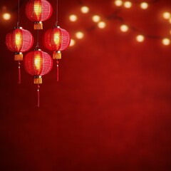Fototapeta premium Red Chinese lanterns illuminated against a dark red background with fairy lights.