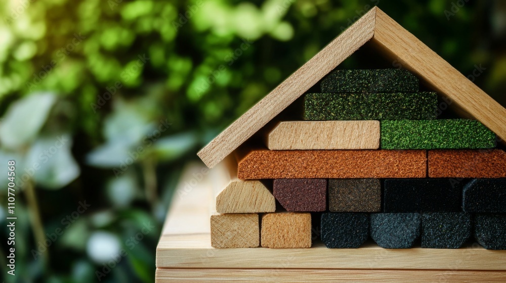 Aufkleber colorful building blocks arranged to resemble a house are placed on a wooden surface surrounded by l