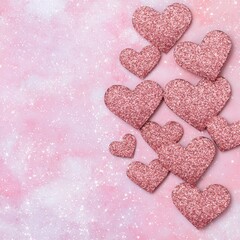 Fototapeta premium Rose gold glitter hearts on pink background.