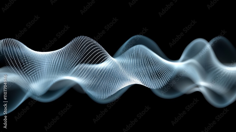 Poster technology background featuring a 3d wave of musical sound frequencies with smooth flowing lines and