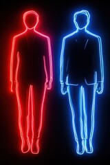 Two silhouetted figures in neon red and blue against a dark background.
