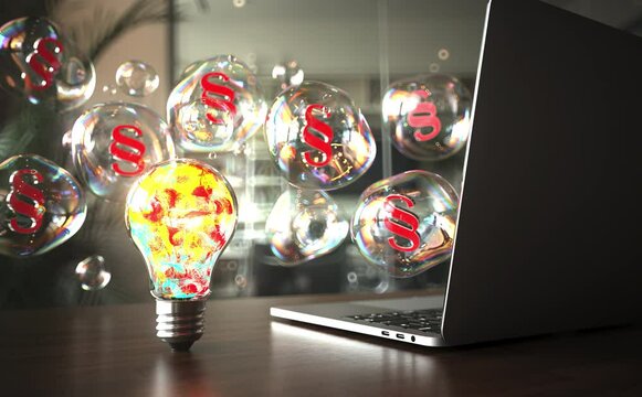 4k endless loop 3D animation. Colorful glowing light bulb with iridescent bubbles featuring legal symbols near a laptop on a wooden desk. ProRes 4444.