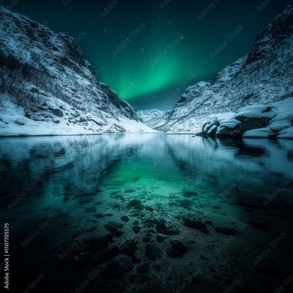 Wall mural Serene winter lake reflecting aurora borealis between snow-capped mountains under starry night sky.