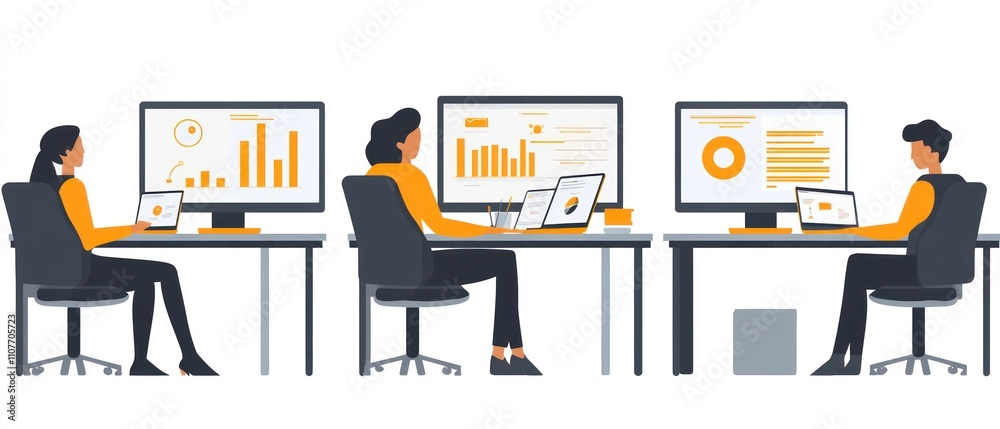 Poster three individuals working at desks with computers displaying data and analytics.