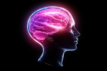 Obraz premium A glowing representation of a human brain within a silhouette, symbolizing thought and consciousness.
