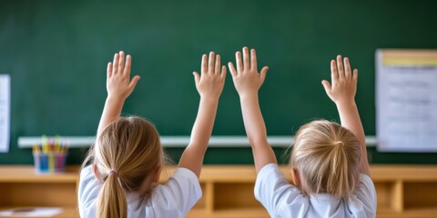 Two students and their teacher cheerfully raise their hands in a lively classroom setting, full of enthusiasm.