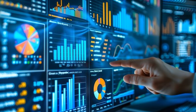 Ein Person zeigt mit ihrem Finger auf einen Monitor mit Daten, Diagrammen und Tabellen