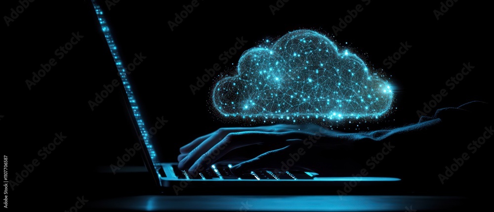 Poster hand typing on laptop with abstract connection cloud computing data transfer
