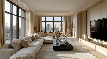 Spacious Minimalist Living Room with Oversized Sofa, Neutral Beige and White Tones, Elegant Curtains, Fresh Flower Vases, and Soft Lighting for a Warm Ambiance