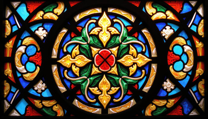 Colorful Celtic pattern stained glass window design for art and decoration