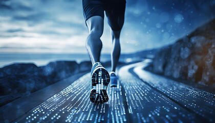 A runner on a glowing futuristic track surrounded by digital elements, blending sports and technology in motion
