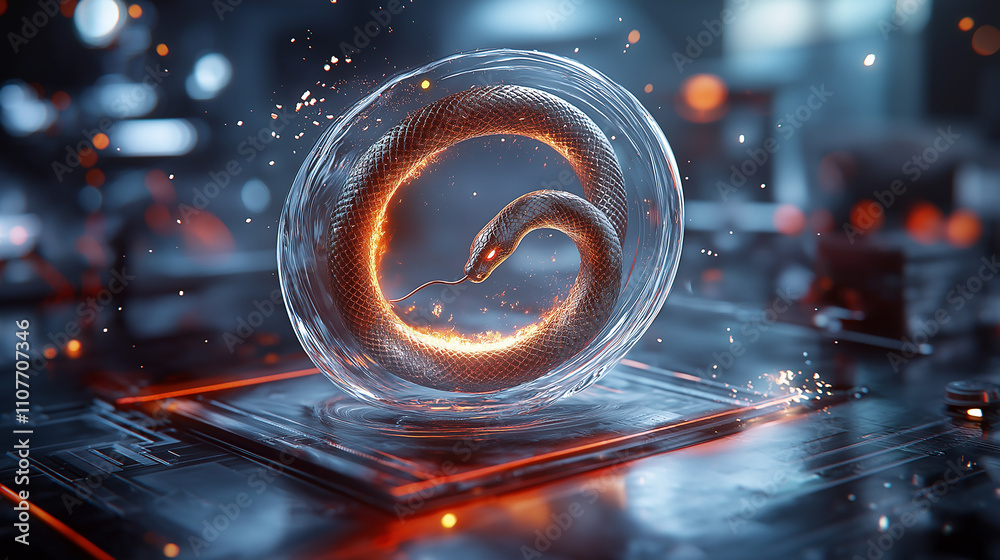 Poster mesmerizing snake encased in glowing orb, symbolizing eternity