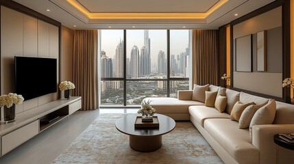 Fototapeta premium Spacious Minimalist Living Room with Oversized Sofa, Neutral Beige and White Tones, Elegant Curtains, Fresh Flower Vases, and Soft Lighting for a Warm Ambiance