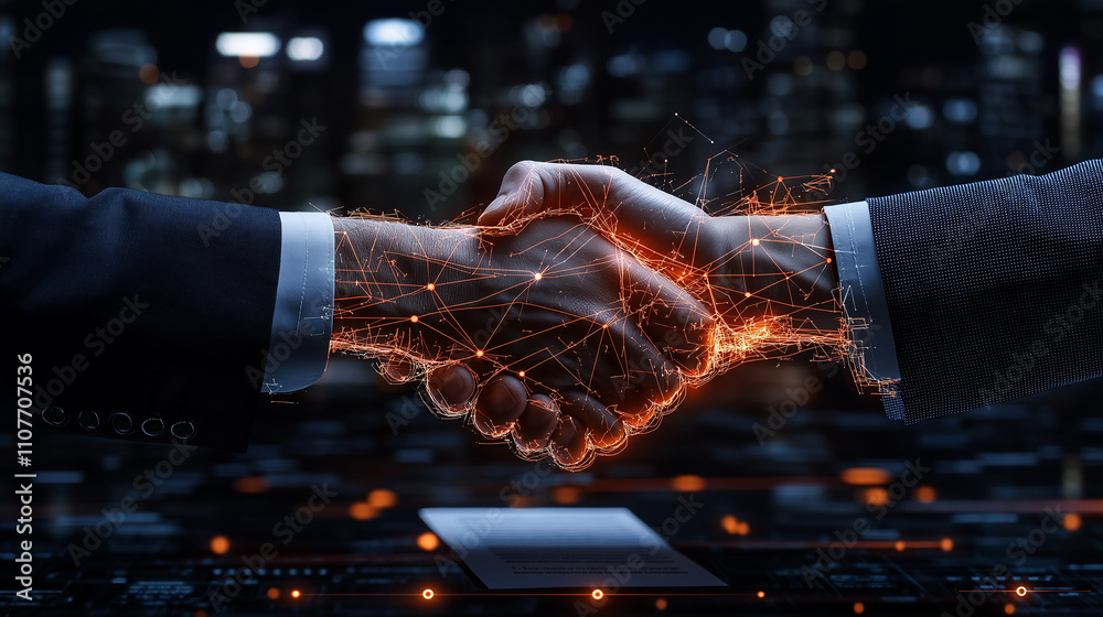 Poster digital handshake symbolizing partnership and collaboration in business