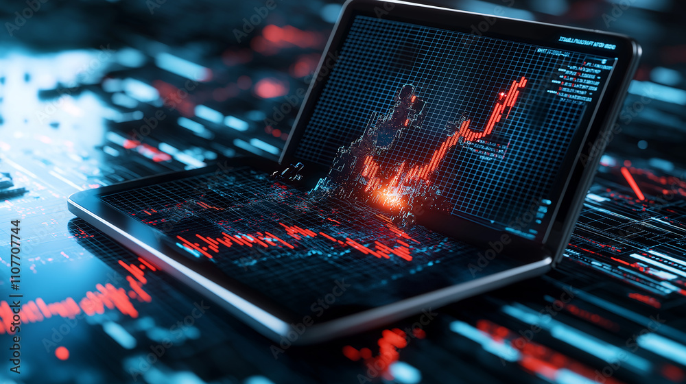 Fototapete digital laptop displaying financial data with rising graphs and charts