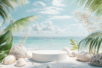 Obraz premium serene beach scene featuring thin white podium surrounded by seashells and tropical plants. clear blue water and bright sky create tranquil atmosphere