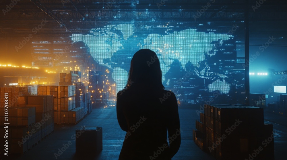 Poster a woman stands in a modern warehouse, observing a large digital world map on the wall. the environme