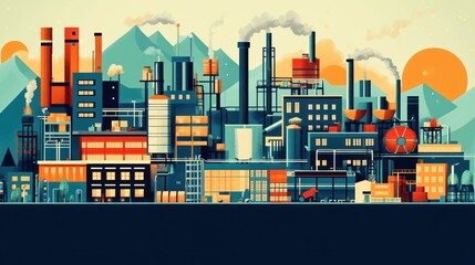 Obraz premium Industrial cityscape panorama with factories, buildings, and mountains at sunset.