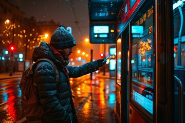Fototapeta premium A man stands at a bus stop, examining the timetable while rain softly falls around him. Glowing streetlights illuminate the wet pavement, creating a vibrant urban atmosphere at night