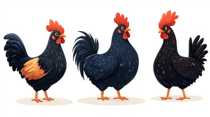 Fototapeta premium three black chickens: a rooster and hen illustration for farm animal graphics