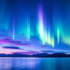 Vibrant aurora borealis reflected in calm water, mountains at night.