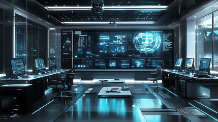 Obraz premium A high-tech office with multiple screens and advanced equipment