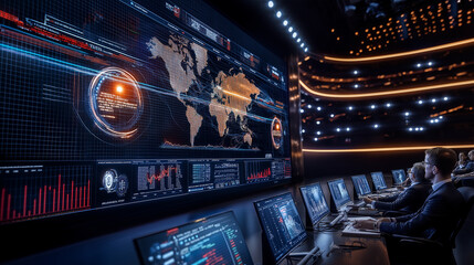 High tech control room with global data visualization and analysis