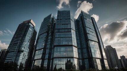 Fototapeta premium Modern glass skyscrapers against a dramatic sky.