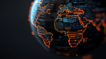 digital globe with glowing orange lines representing continents and data