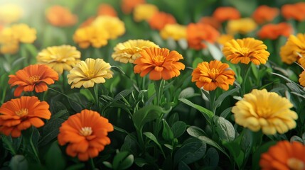 A vibrant display of orange and yellow flowers blooming amidst lush green foliage, illuminated by soft, warm sunlight.