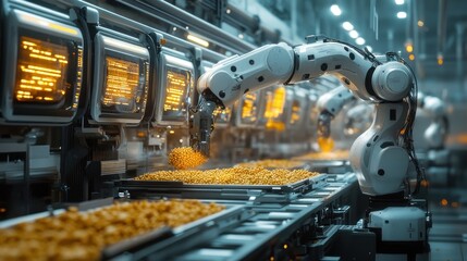 Fototapeta premium Robotic arms working on an assembly line in a factory, filling boxes with food product.