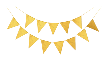 two gold bunting banner isolated on transparent background cutout