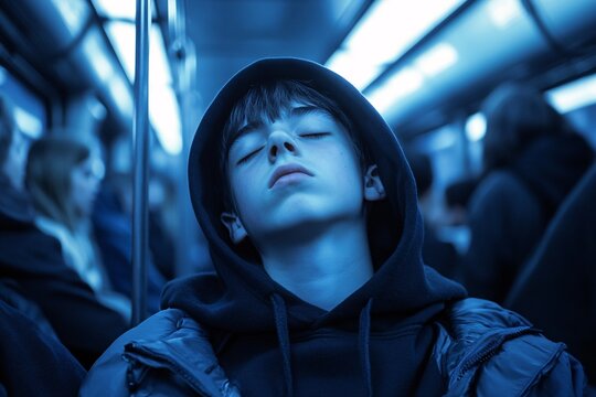 A medium shot of a teenage boy with a hoodie, sitting in a subway car surrounded by commuters, eyes and mouth closed, soft blue tones, cinematic 1